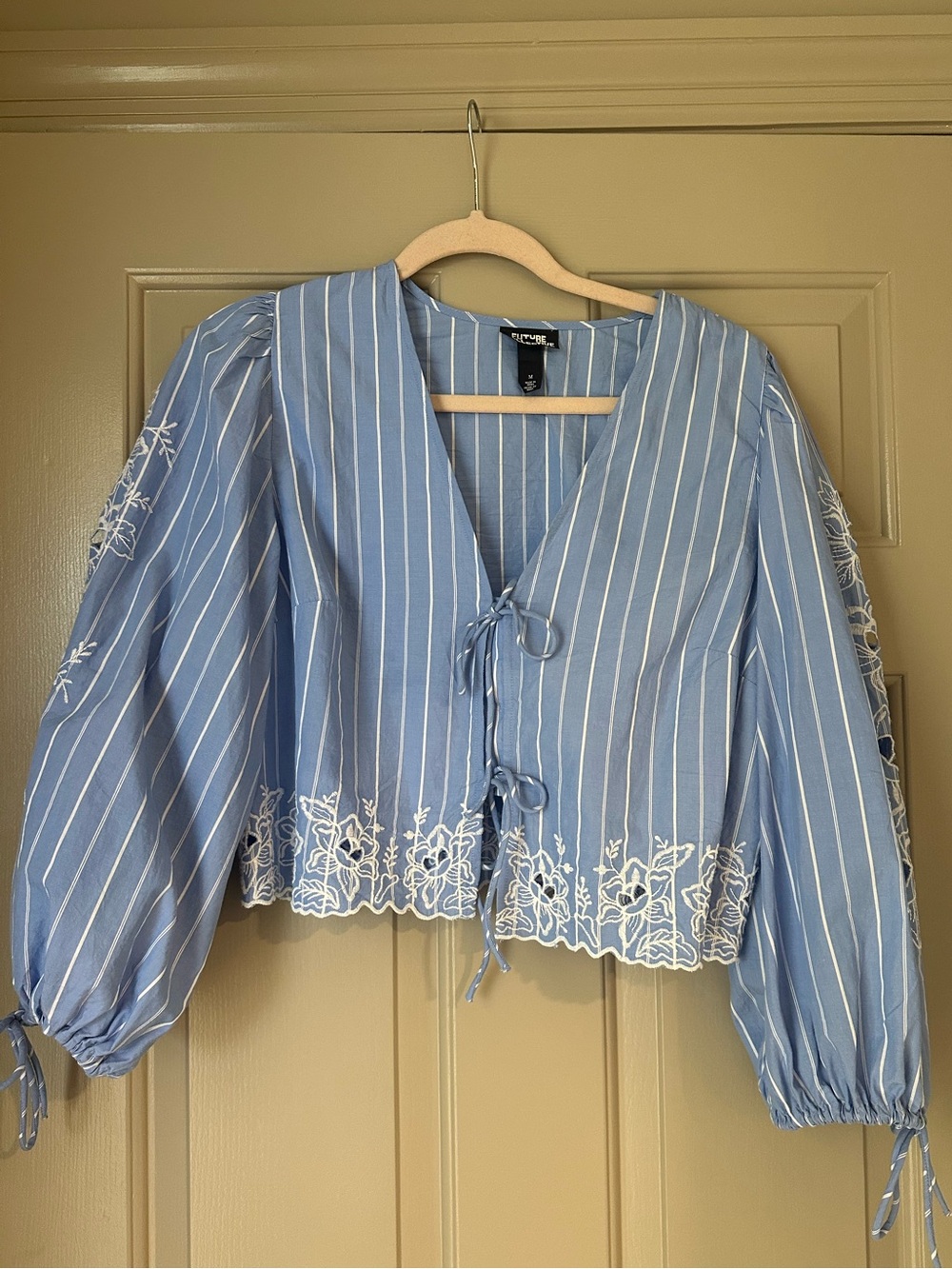 Tie-Front Blue Striped Embroidered Peasant Blouse
